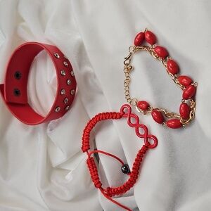 Women's Teens Set of 3 Bracelets Red Beads Rhinestones Fashion Costume Jewelry